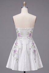 A Line Sparkly White Beaded Short Floral Homecoming Dress