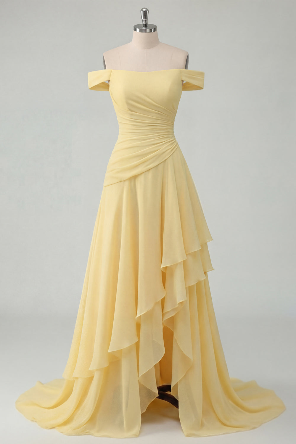 Ruched A Line Off the Shoulder Butter Yellow Ruffled Prom Dress with Slit