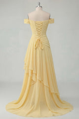 Ruched A Line Off the Shoulder Butter Yellow Ruffled Prom Dress with Slit