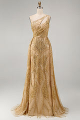 One Shoulder Ruched Mermaid Sparkly Golden Long Beaded Prom Dress with Cape