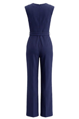 Navy Satin Slim Fit Work Jumpsuits with Pockets