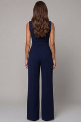 Navy Satin Slim Fit Work Jumpsuits with Pockets