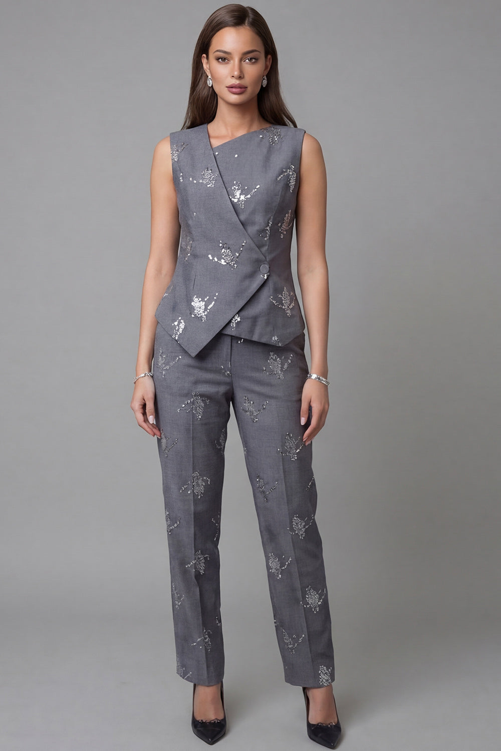 Single Breasted 2 Piece Sparkly Dark Grey Sequin Business Suits