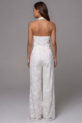 Halter Single Breasted 2 Piece Ivory Lace Floral Business Suits