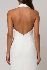 Double Breasted Midi Backless Halter White Slim Fit Blazer Dress