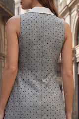 Polka Dots Grey Double Breasted Notched Lapel Slim Fit Short Work Dress