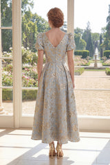 Puff Sleeves Dusty Blue Floral A Line V-Neck Maxi Mother of the Bride Dress
