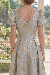 Puff Sleeves Dusty Blue Floral A Line V-Neck Maxi Mother of the Bride Dress