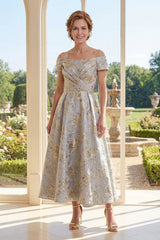 Ruched Dusty Blue Off the Shoulder Floral A Line Maxi Mother of the Bride Dress
