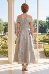 Ruched Dusty Blue Off the Shoulder Floral A Line Maxi Mother of the Bride Dress