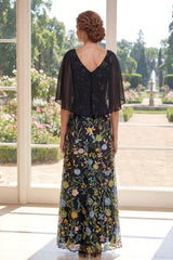 V-Neck A Line Long Black Floral Mother of the Bride Dress with Cape