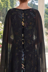 Ruffled A Line Long Boat Neck Black Floral Mother of the Bride Dress with Cape