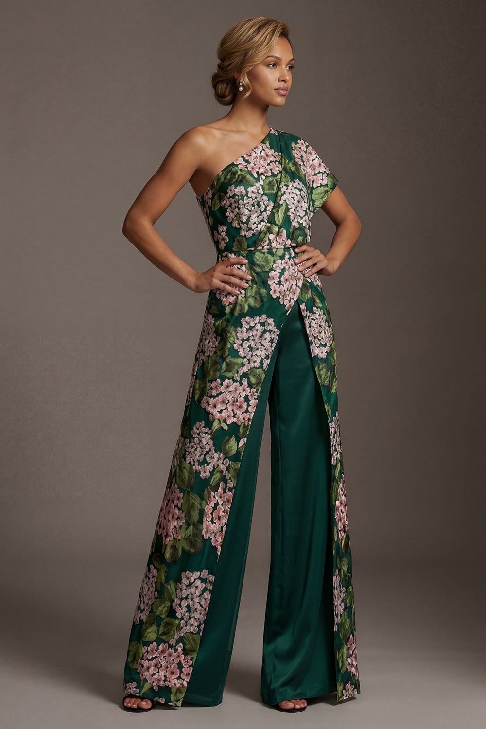 Dark Green Floral One Shoulder Long Mother of the Bride Pantsuits with Pockets