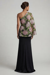 Floral Mermaid Black Long Mother of the Bride Dress with Side Cape