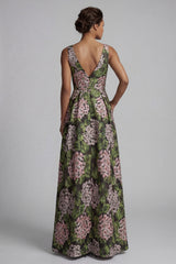 V-Neck Floral Dark Green Long A Line Mother of the Bride Dress with Pockets