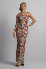 One Shoulder Floral Mermaid Sparkly Red Sequin Long Mother of the Bride Dress