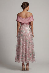 A Line Long Off the Shoulder Beaded Sparkly Pink Mother of the Bride Dress