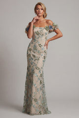 Sparkly Dusty Sage Long Beaded Mermaid Floral Mother of the Bride Dress
