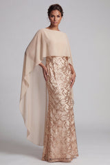 Floral Long Mermaid Sparkly Champagne Beaded Mother of the Bride Dress with Cape