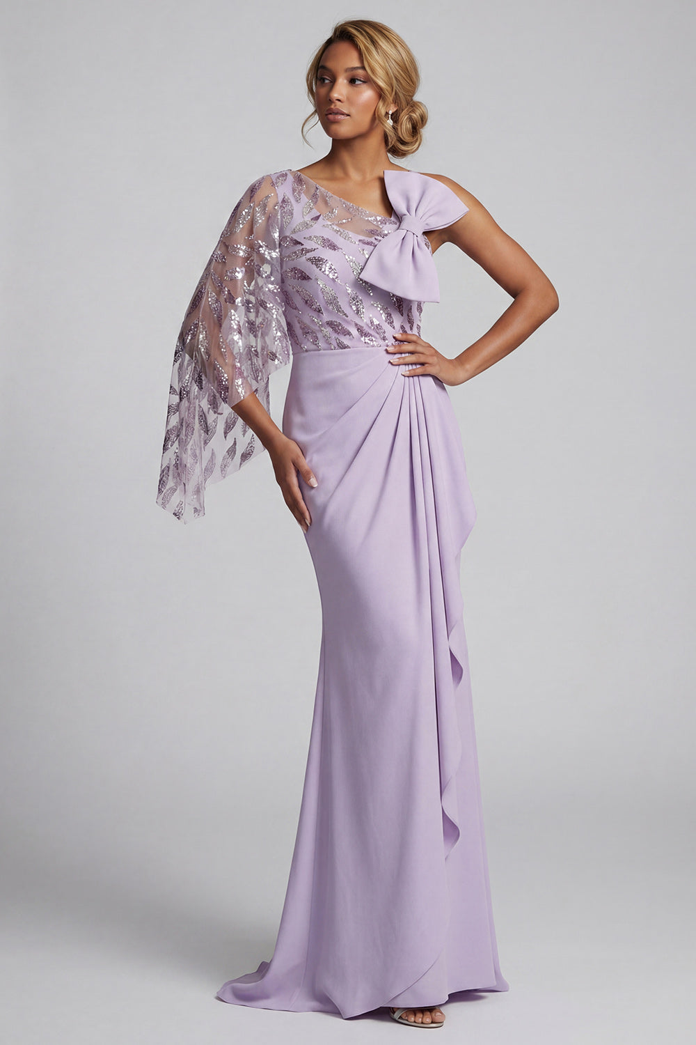 Sparkly Lilac Long Mermaid Ruffled Beaded Mother of the Bride Dress with Bow