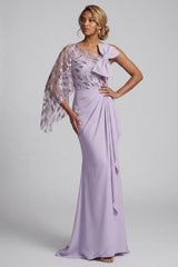 Sparkly Lilac Long Mermaid Ruffled Beaded Mother of the Bride Dress with Bow