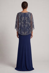 V-Neck Long Sparkly Navy Beaded Mermaid Mother of the Bride Dress with Cape