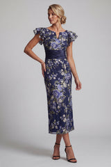 Navy Floral Sheath Maxi Mother of the Bride Dress with Ruffles