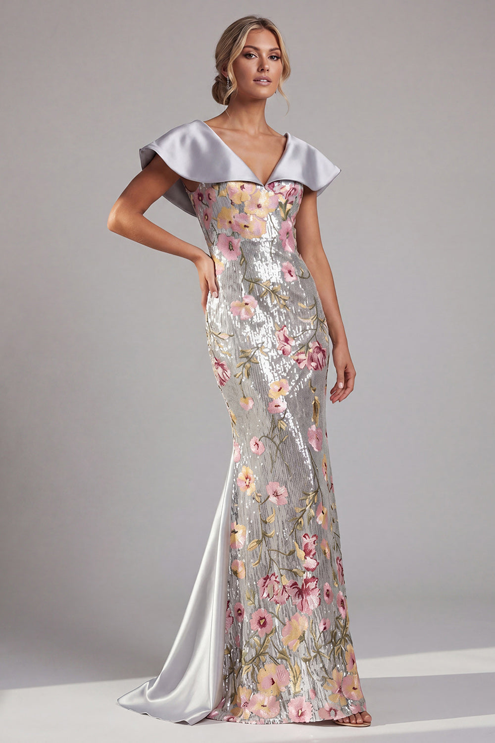 V-Neck Sequin Floral Long Mermaid Sparkly Silver Mother of the Bride Dress with Cape