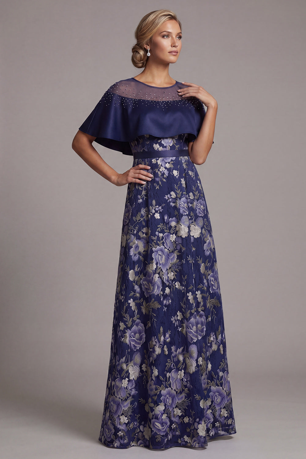 A Line Long Navy Floral Beaded Mother of the Bride Dress with Cape