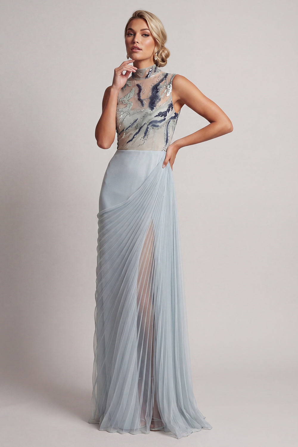 Sparkly Dusty Blue Sheath Long Beaded Mother of the Bride Dress with Pleats