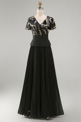 V-Neck Sparkly Black Beaded A Line Long Mother of the Bride Dress with Pleats