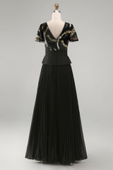 V-Neck Sparkly Black Beaded A Line Long Mother of the Bride Dress with Pleats