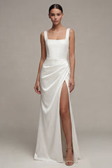 Square Neck Ruched White Maxi Sheath Beach Wedding Dress with Slit