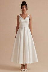 Maxi White A Line V-Neck Wedding Dress with Lace