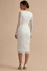 Lace Long Sleeves Floral Midi Bodycon White Boho Wedding Dress