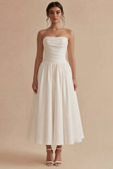 Maxi Strapless Ruched White A Line Beach Wedding Dress