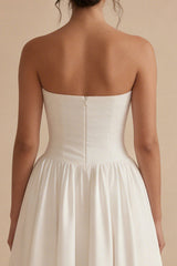 Maxi Strapless Ruched White A Line Beach Wedding Dress