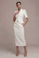 Single Breasted 2 Piece Notched Lapel White Midi Business Suits with Pockets