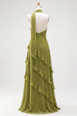 Olive Halter A Line Maxi Beach Wedding Guest Dress with Ruffles