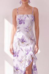 Lilac Flower Ruffled Mermaid Maxi Beach Wedding Guest Dress with Slit
