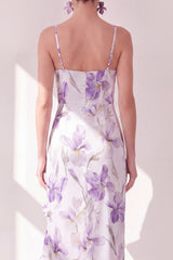 Lilac Flower Ruffled Mermaid Maxi Beach Wedding Guest Dress with Slit