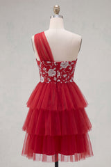 One Shoulder Floral A Line Red Short Homecoming Dress with Ruffles