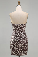 Strapless Ruched Coffee Leopard Print Tight Short Homecoming Dress