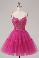 A Line Sparkly Fuchsia Corset Floral Beaded Short Spaghetti Straps Homecoming Dress