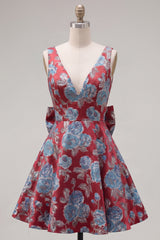 Red A Line V-Neck Floral Short Homecoming Dress with Bow