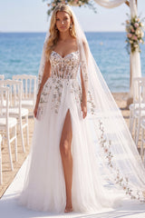 White Pink Flower Embroidered Tulle A Line Corset Sweep Train Wedding Dress with Veils