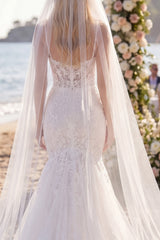 White Floral Mermaid Corset Sweep Train Lace Boho Wedding Dress with Veils