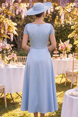 Blue Sheath Long Floral Short Sleeves Mother of the Bride Dress with Cape
