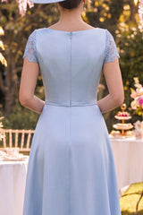Blue Sheath Long Floral Short Sleeves Mother of the Bride Dress with Cape