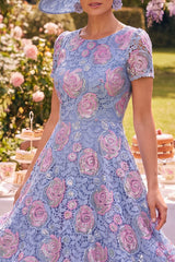 Sparkly Blue Maxi A Line Boat Neck Beaded Floral Mother of the Bride Dress